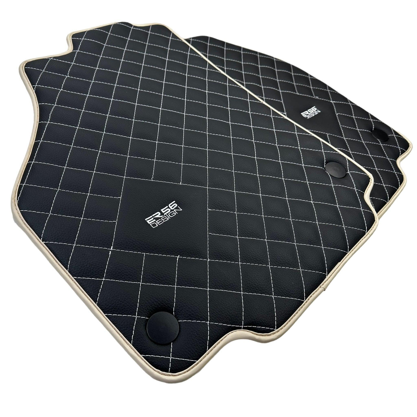 Leather Floor Mats for Ferrari 488 Spider 2015-2022 with White Sewing ER56 Design | Beige Trim - AutoWin