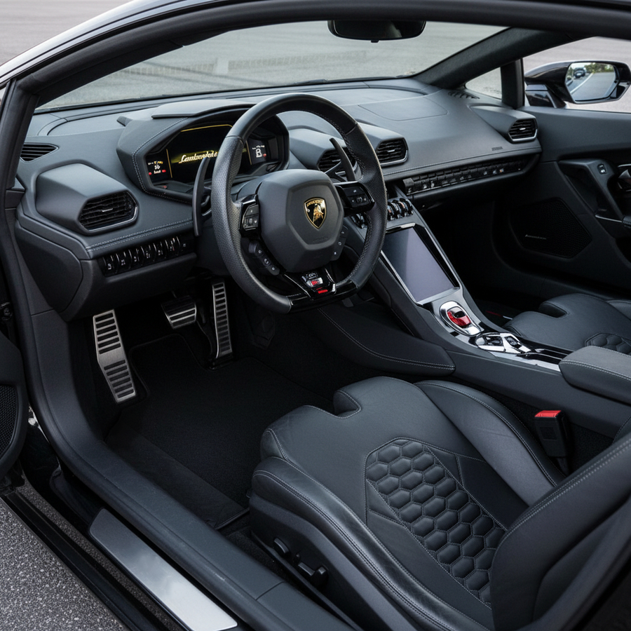 Svarte Bilmatter for Lamborghini Huracan EVO (2019-2024) med svart Alcantara-lær