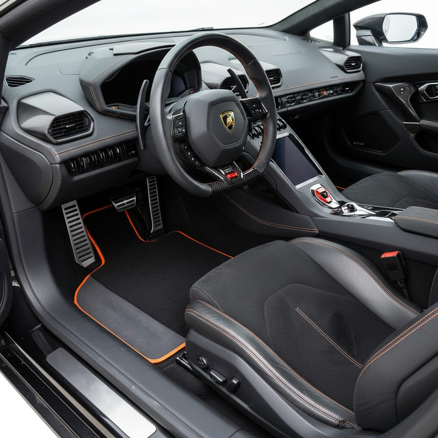Custom Black Floor Mats for Lamborghini Huracan STO with Black Leather and Orange Trim
