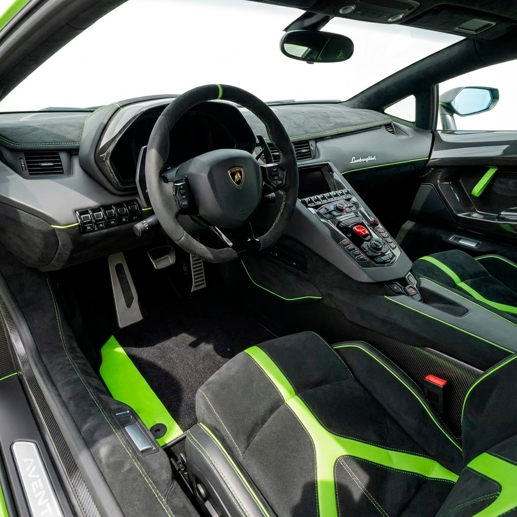 Tilpassbare svarte bilmatter for Lamborghini Aventador med grønt skinn