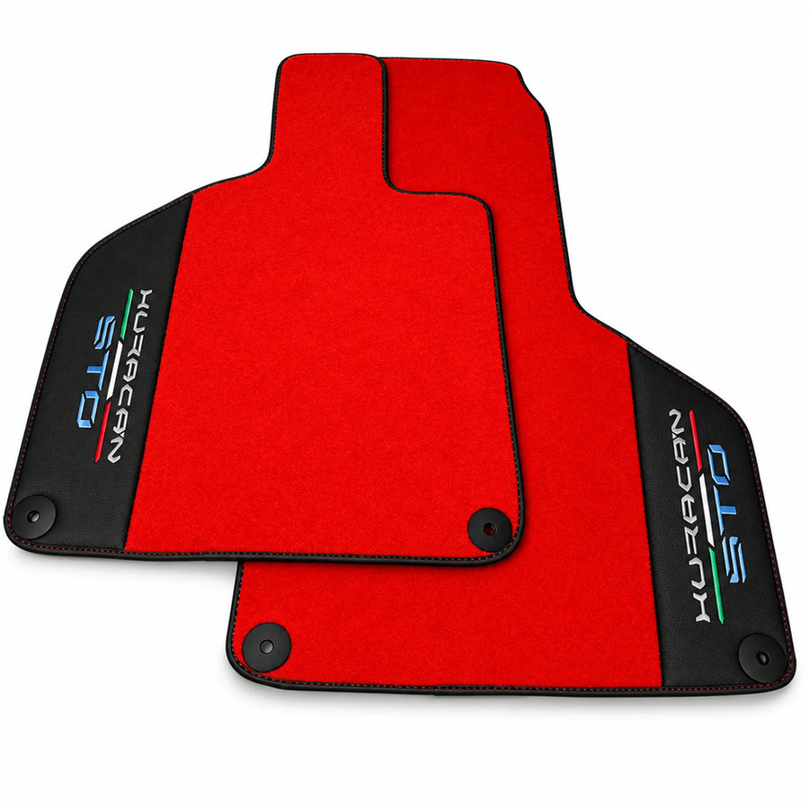 Red Floor Mats for Lamborghini Huracan STO With Black Leather Red Sewing - AutoWin