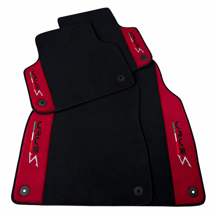Black floor mats for Lamborghini Urus S with burgundy Alcantara leather