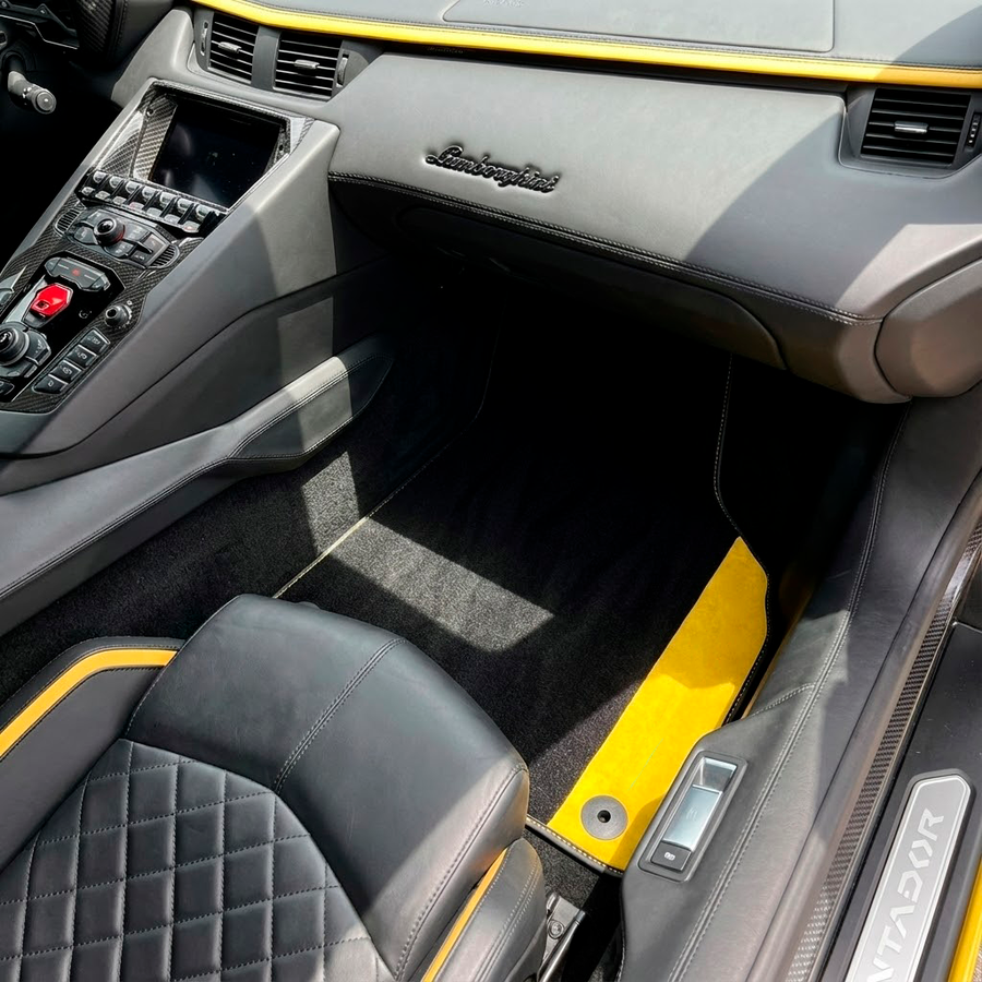 Customizable Black Floor Mats for Lamborghini Aventador S with Yellow Alcantara Leather