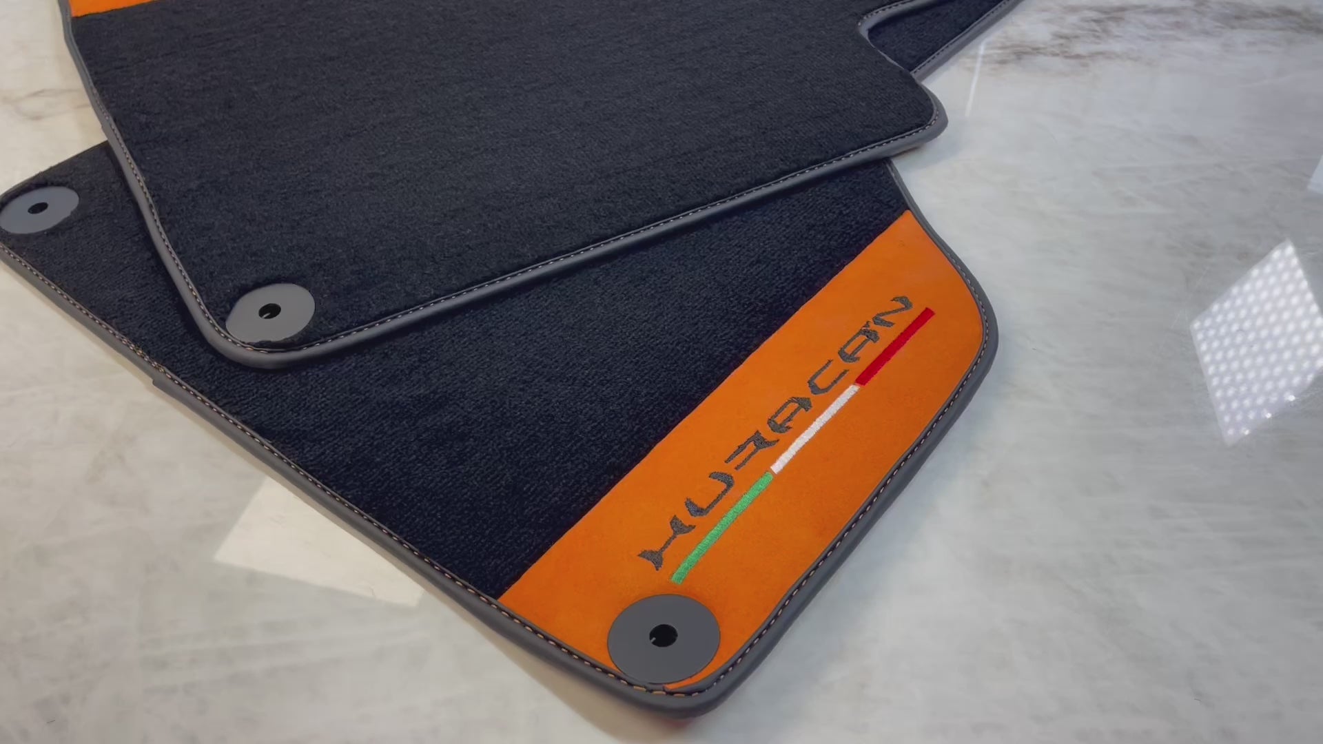 Black Floor Mats for Lamborghini Huracan with Orange Alcantara Leather - AutoWin.EU