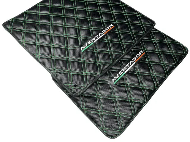Floor Mats for Lamborghini Aventador Carbon Fiber Leather Green Stitching - AutoWin