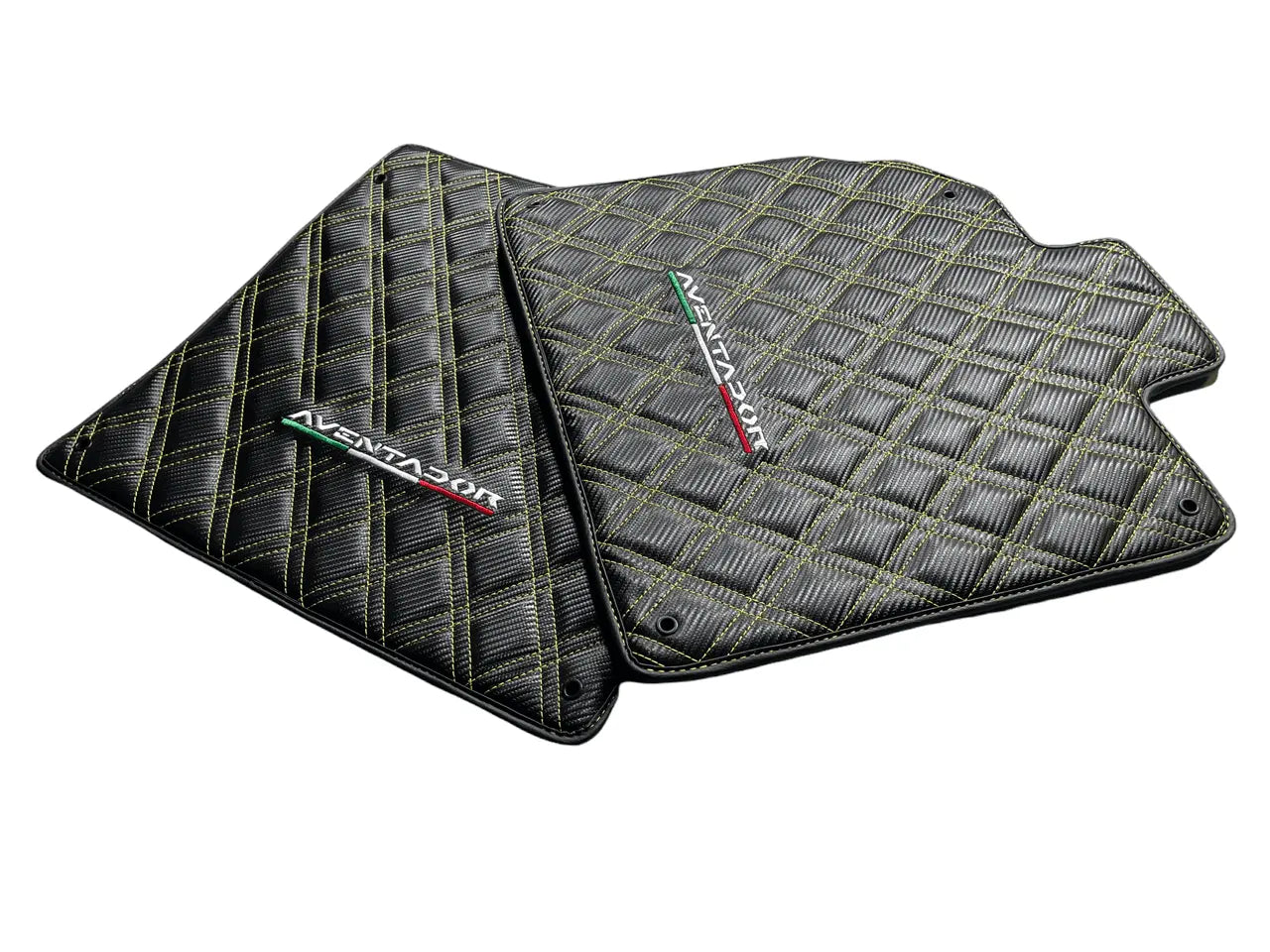 Floor Mats for Lamborghini Aventador Carbon Fiber Leather Yellow Stitching - AutoWin