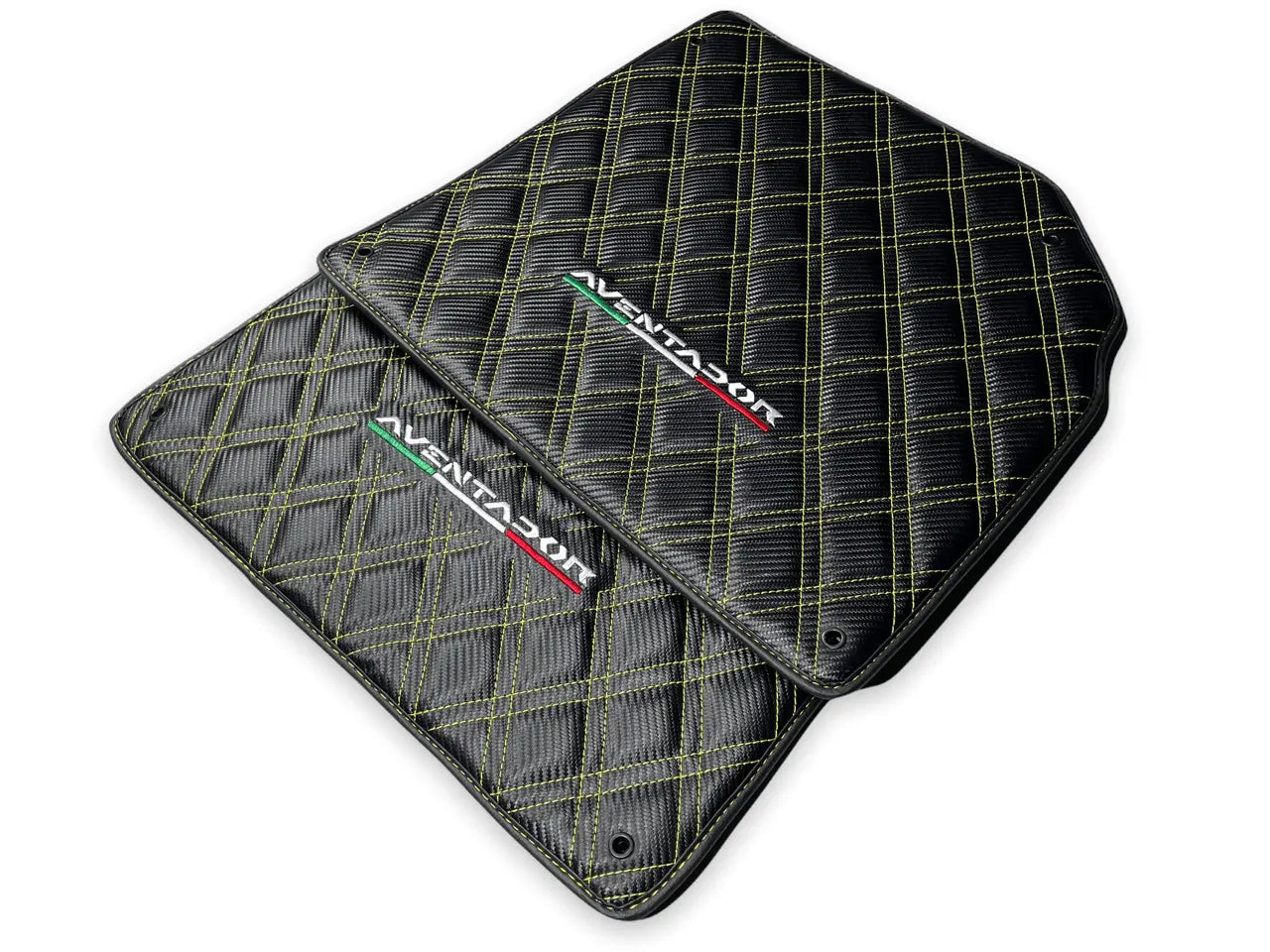 Floor Mats for Lamborghini Aventador Carbon Fiber Leather Yellow Stitching - AutoWin