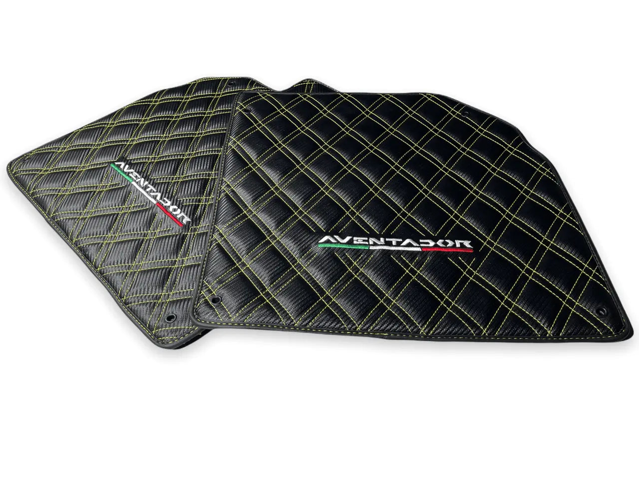 Floor Mats for Lamborghini Aventador Carbon Fiber Leather Yellow Stitching - AutoWin