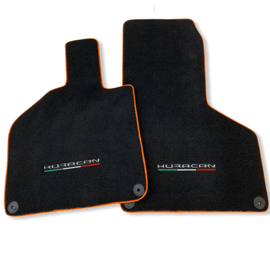Floor Mats for Lamborghini Huracan With Italian Flag and Huracan Logo Orange Embroidery - AutoWin