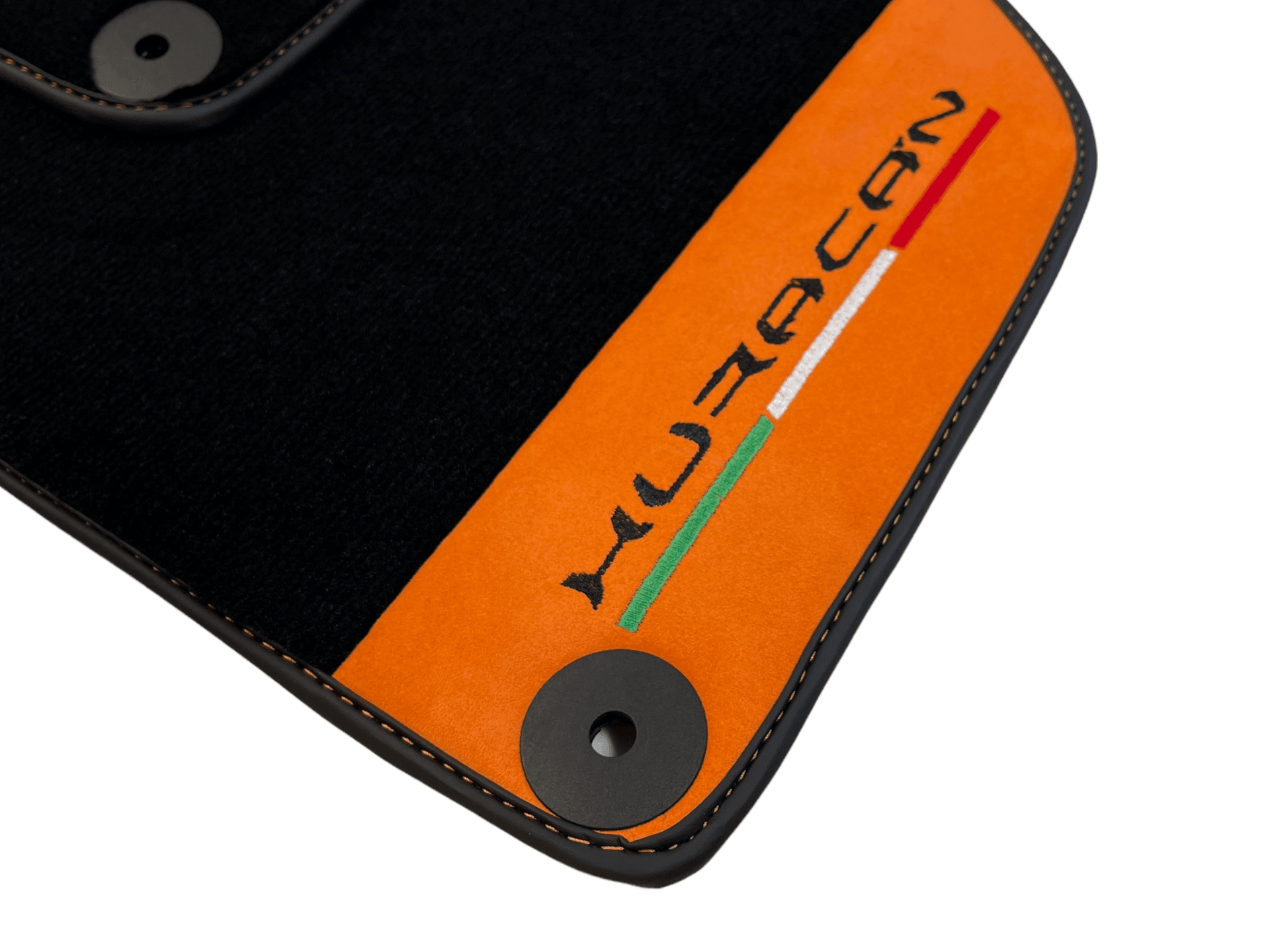 Black Floor Mats for Lamborghini Huracan with Orange Alcantara Leather - AutoWin