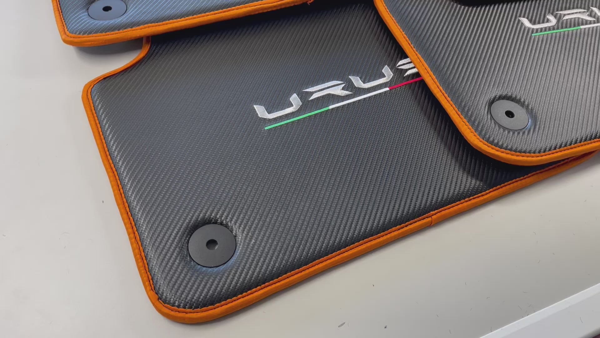 Floor Mats For Lamborghini Urus Carbon Leather Tailored Orange Trim - AutoWin.EU