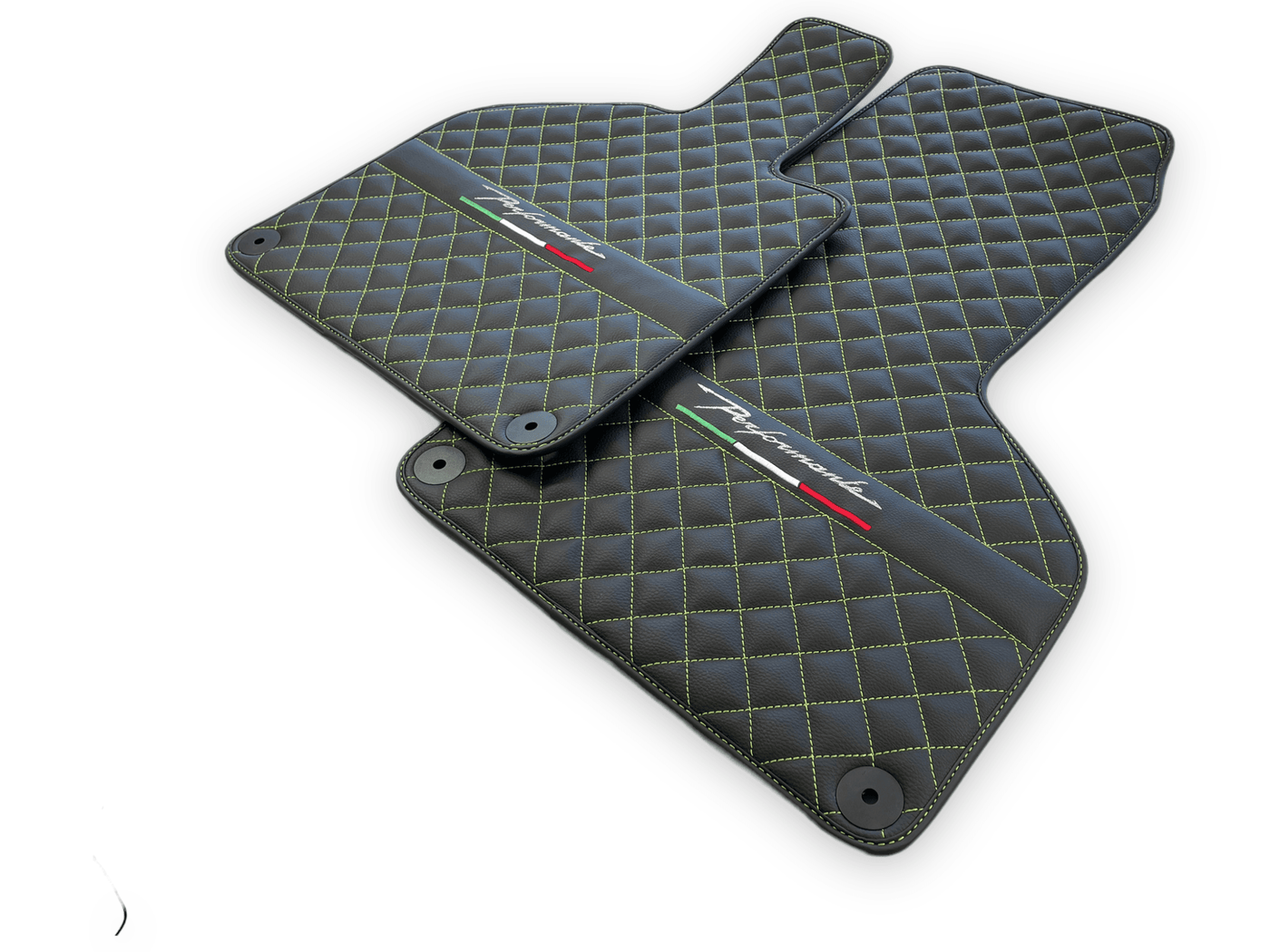 Black Leather Floor Mats for Lamborghini Huracan Perfomante | Green Stitching - AutoWin