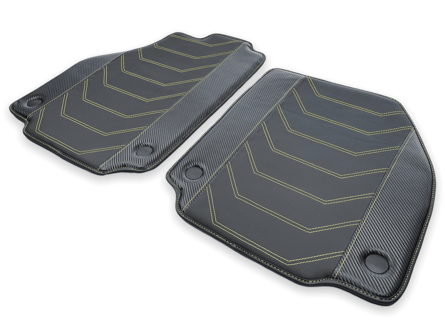 Leather Floor Mats For Ferrari 458 Italia 2009-2015 Black With Yellow Sewing - AutoWin