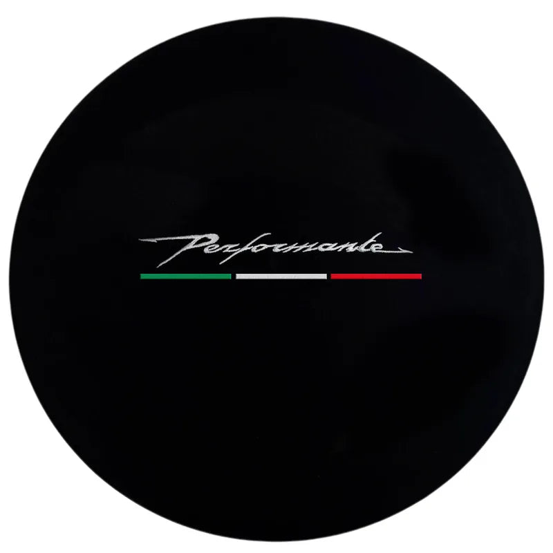 Black leather steering wheel cover with Performante embroidery